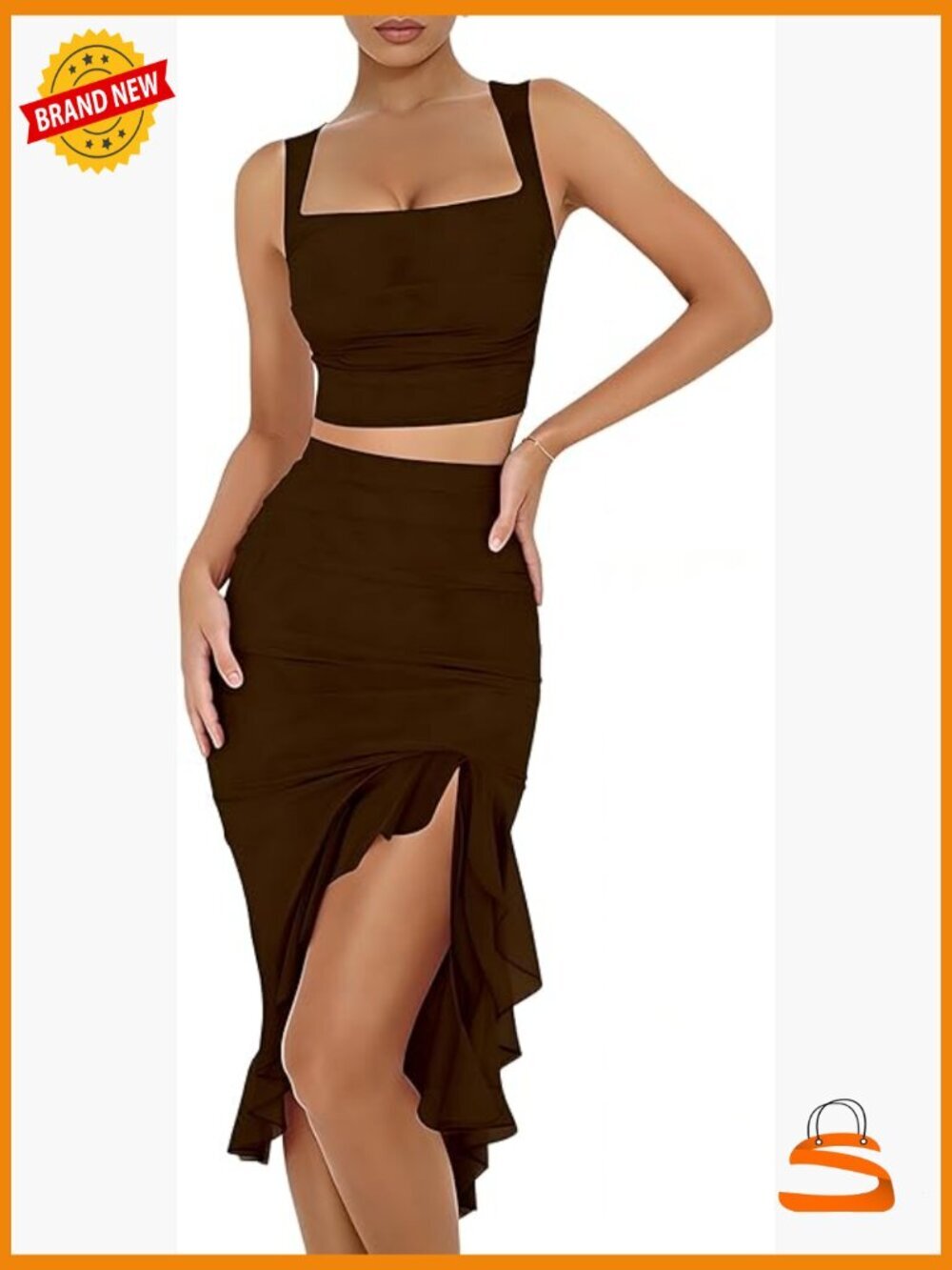 Two Piece Skirt Set - Sleeveless Square Neck Crop Top & Ruffle Hem Midi Skirt